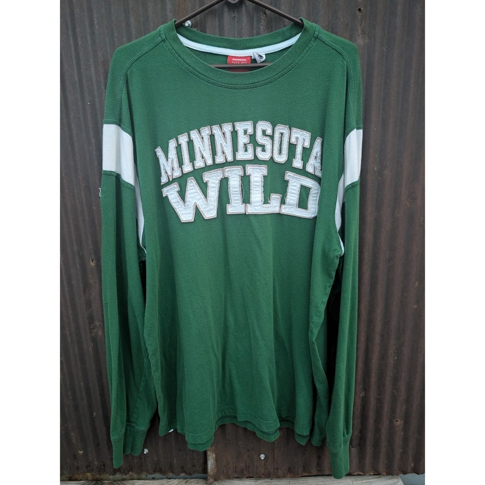 Vintage Minnesota Wild Reebok Face Offong Sleeve Shirt Men 2XL Green Embroidered